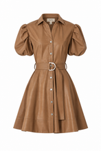Load image into Gallery viewer, Faux leather mini shirt dress with puff sleeves, button front, and D-ring belt