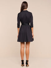 Load image into Gallery viewer, Back view of a short belted shirt dress with three-quarter sleeves and pleated skirt