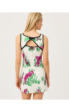 Load image into Gallery viewer, Back view of sleeveless mini dress with tiger print and black trim detail