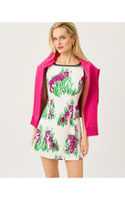 Load image into Gallery viewer, Model wearing white mini dress with pink tiger print and matching pink blazer draped over shoulders