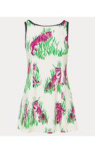 Load image into Gallery viewer, Sleeveless mini dress with pink tiger and green grass print on white background