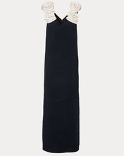 Load image into Gallery viewer, Sleeveless maxi dress in dark navy with ivory ruffled rosette shoulder straps and V-neckline