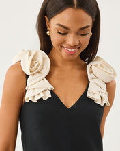 Load image into Gallery viewer, Model wearing black maxi dress with ivory rosette flower shoulder straps, smiling downward