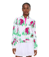 Load image into Gallery viewer, Woman wearing white zip-up jacket with pink tiger and green grass all-over print, paired with white skirt