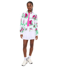 Load image into Gallery viewer, Model wearing a white zip-up bomber jacket with pink tiger print over a white pleated tennis skirt