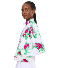 Load image into Gallery viewer, Model wearing white zip-up bomber jacket with pink tiger and green tropical grass print