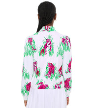 Load image into Gallery viewer, Back view of a white bomber jacket with vibrant pink tiger and green grass print