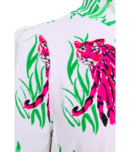 Load image into Gallery viewer, Close-up detail of jacket shoulder and chest featuring bold pink tiger and green leaf print