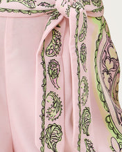 Load image into Gallery viewer, Close-up detail of paisley-printed chiffon sash tie on high-rise shorts waistband