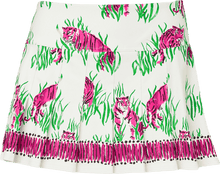 Load image into Gallery viewer, White pleated skort featuring pink tiger and green grass allover print with fringe hem detail