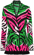 Load image into Gallery viewer, Long-sleeve jacquard cardigan with bold zebra animal print in neon tones and fringe hem