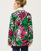 Load image into Gallery viewer, Back view of a colorful jacquard cardigan featuring bold lion graphic and zebra-stripe pattern