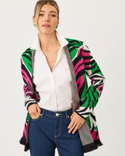 Load image into Gallery viewer, Model wearing open-front jacquard cardigan with bold swirling pattern over white button-down shirt
