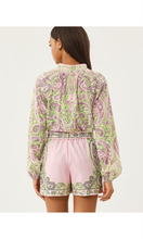Load image into Gallery viewer, Back view of long sleeve paisley print chiffon top paired with matching pink shorts on model