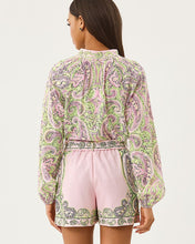 Load image into Gallery viewer, Back view of a long sleeve chiffon top with paisley print paired with matching pink shorts