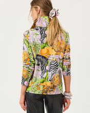 Load image into Gallery viewer, Back view of long-sleeve animal print pullover with zebra, lion, and tropical motifs