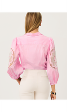 Load image into Gallery viewer, Back view of pink button-down shirt with lace floral cutout detail on balloon sleeves