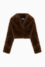 Load image into Gallery viewer, Cropped faux fur jacket with wide lapels and long sleeves in rich brown tone