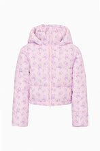 Load image into Gallery viewer, Love Shack Fancy hooded puffer jacket with allover floral print, cropped silhouette and zip closure