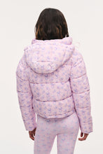 Load image into Gallery viewer, Back view of a cropped hooded puffer jacket with allover floral bow print and matching pants