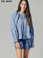 Women's blue cotton poplin blousy button-front shirt with gathered neckline
