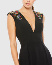 Load image into Gallery viewer, Black Beaded Cap Sleeve V Neck Gown