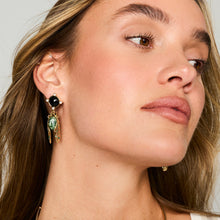 Load image into Gallery viewer, Model wearing statement drop earrings with black onyx top stone and green marbled pendant charms