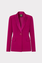 Load image into Gallery viewer, Single-button fitted blazer with satin lapel trim and flap pockets, displayed flat on seamless background