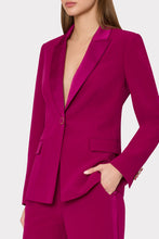 Load image into Gallery viewer, Woman wearing a tailored single-button blazer with satin lapel trim and gold button details