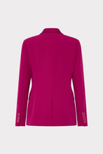 Load image into Gallery viewer, Back view of a fitted magenta blazer with gold sleeve buttons and center seam detail