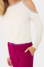 Load image into Gallery viewer, Close-up detail of magenta tailored trousers with hammered satin trim waistband on model