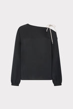 Load image into Gallery viewer, Long-sleeve black silk blouse with asymmetric neckline and contrasting white bow tie detail