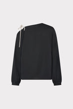 Load image into Gallery viewer, Back view of a black long-sleeve silk blouse with contrast bow tie detail at shoulder