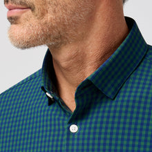 Load image into Gallery viewer, Close-up detail of a gingham dress shirt collar and top button on a male model