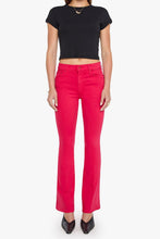 Load image into Gallery viewer, Woman wearing red-pink flare jeans with black crop top and black mule heels