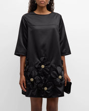 Load image into Gallery viewer, Frances Valentine Edie Mini Dress Solid with Floral Applique Tafetta Black