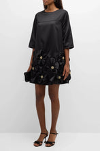 Load image into Gallery viewer, Frances Valentine Edie Mini Dress Solid with Floral Applique Tafetta Black