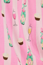 Load image into Gallery viewer, Close-up detail of pink striped fabric printed with champagne bottles, flutes, and cupcakes