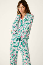 Load image into Gallery viewer, Model wearing green striped mahjong print long sleeve pajama set with drawstring pants