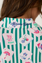 Load image into Gallery viewer, Close-up back collar detail of Mahjong Queen embroidered pajama shirt with mahjong tile print