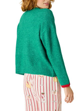 Load image into Gallery viewer, Back view of woman wearing bright green knit pullover sweater with red cuff detail