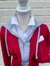 Load image into Gallery viewer, Red blazer with grey zip-up hoodie insert and white shirt collar displayed on mannequin