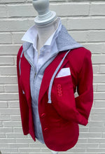 Load image into Gallery viewer, Red blazer with grey zip-up hoodie insert and white dress shirt displayed on mannequin