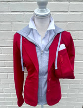 Load image into Gallery viewer, Red blazer with attached grey zip-up hoodie and white pocket square on mannequin