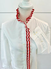 Load image into Gallery viewer, White Oxford button-down shirt with red and white striped ruffle trim along collar and placket
