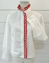 Load image into Gallery viewer, White oxford button-down shirt with red and white striped ruffle trim at collar and placket