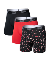 Load image into Gallery viewer, Three-pack of SAXX boxer briefs in solid black, red, and candy cane holiday print