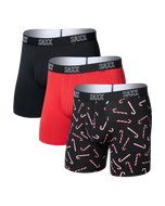 Three-pack of SAXX boxer briefs in solid black, red, and candy cane holiday print