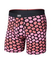 Load image into Gallery viewer, Saxx men's boxer brief with black background and swirling peppermint candy pattern throughout