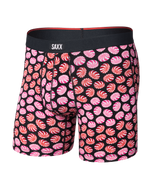 Saxx men's boxer brief with black background and swirling peppermint candy pattern throughout